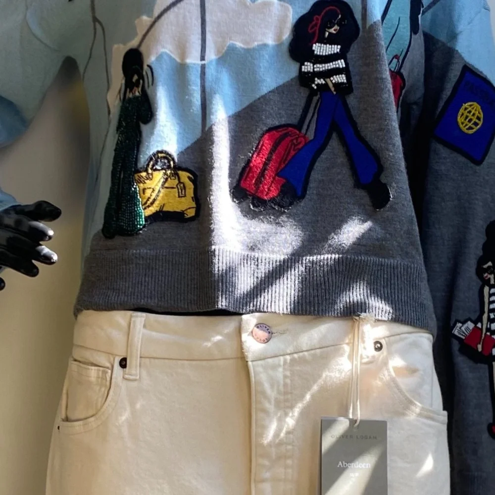 Alice + Olivia Sky Blue and Gray Travel Patch Crewneck Sweater - Picture 8 of 10